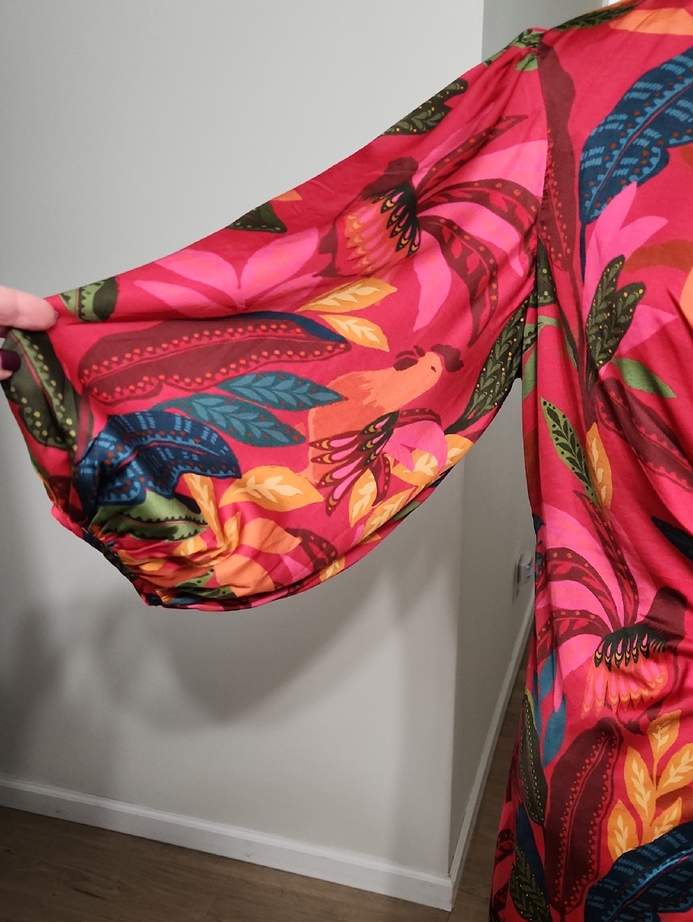 FARM Rio Red Rooster Leaves Cut Out Satin Dress Long Sleeve Mini Size L - Picture 7 of 17
